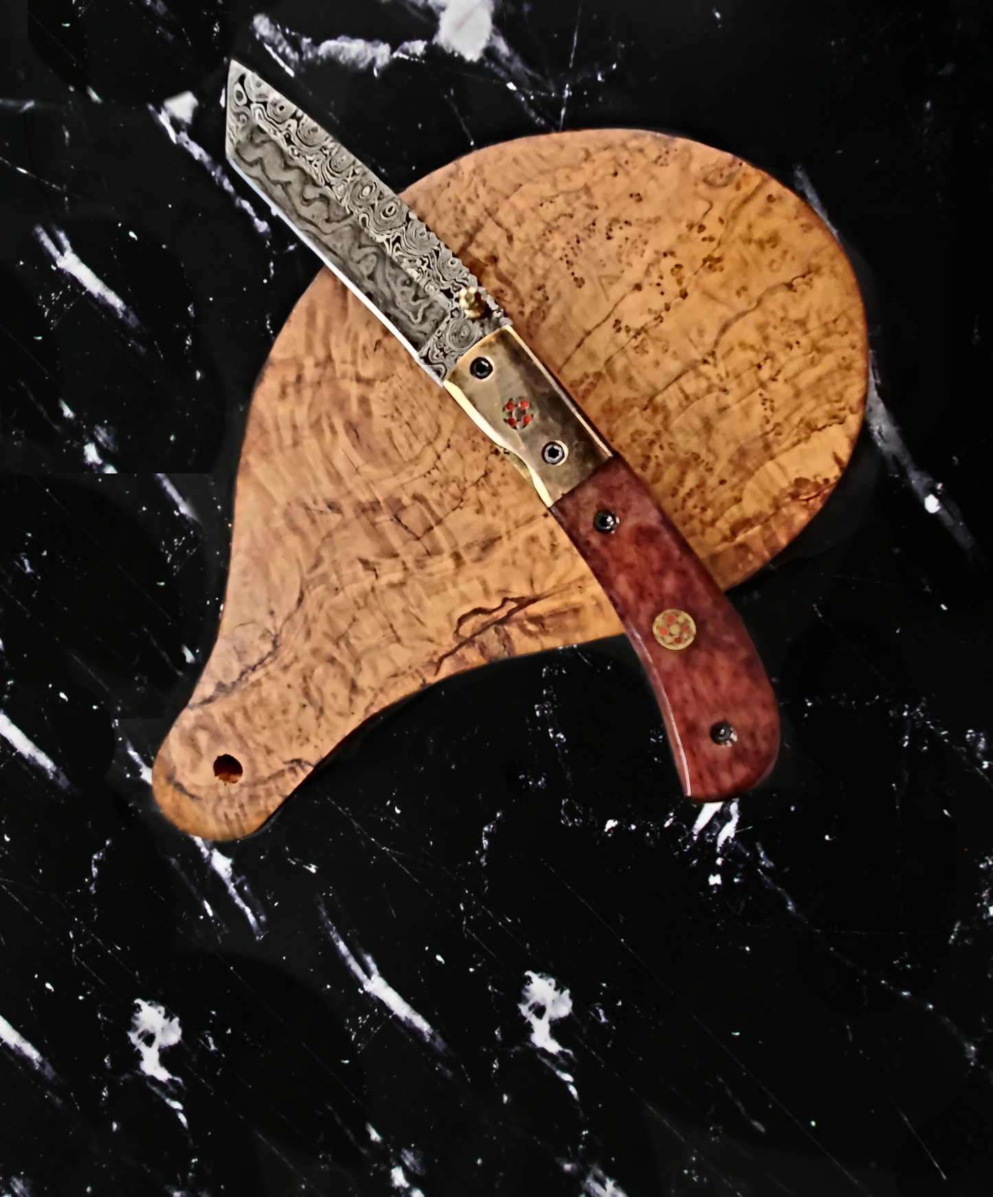 DAMASCUS STEEL FOLDING KNIFE TANTO BLADE DYED BONE HANDLE AND COPPER BOLSTER