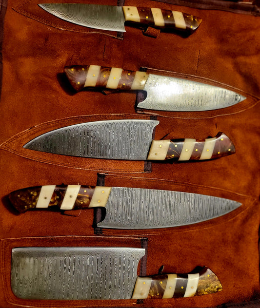 5-Piece Damascus & Arylic Knife Set / With Leather carry Bag