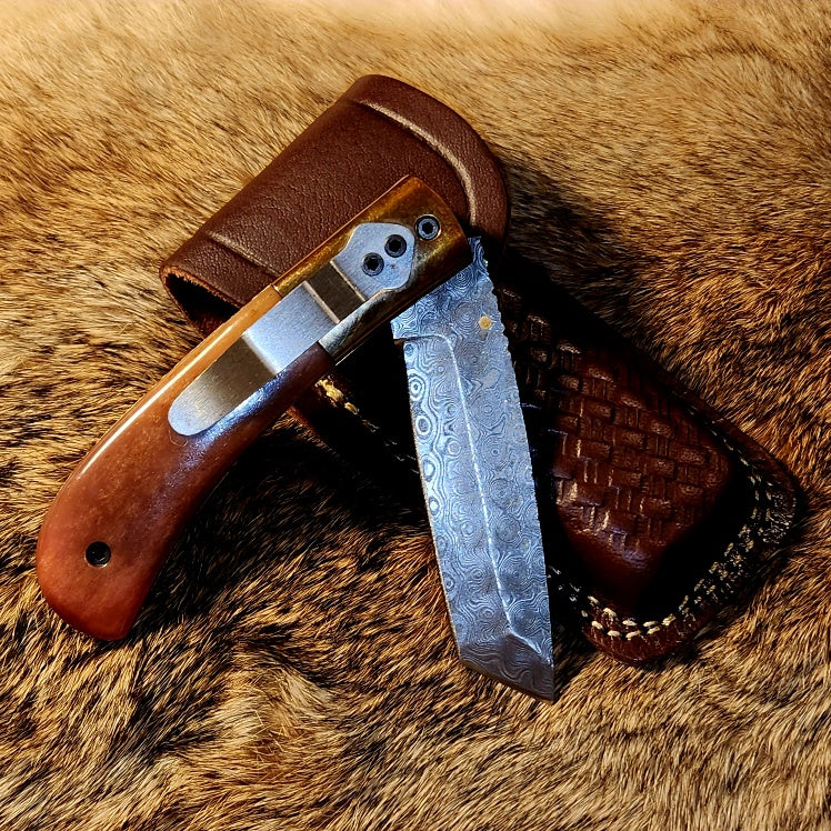 Damascus Steel Tanto Folding Knife with Dyed Bone