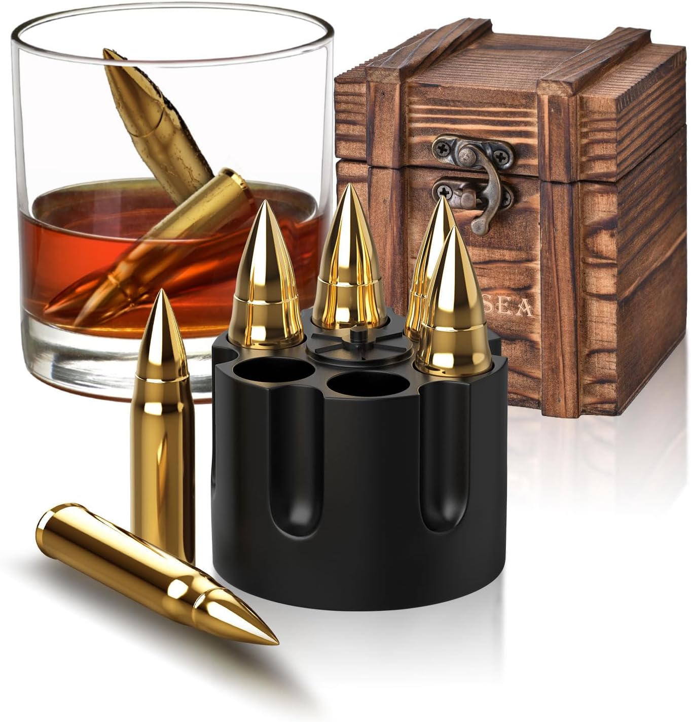 Whiskey Bullets stainless steel chilling stones shaped like bullets with a revolver-style holder and rustic wooden gift box.