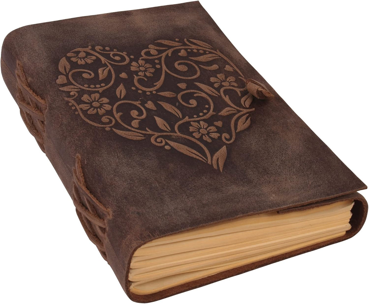 Leather Heart Journal with embossed floral heart design on rustic brown leather cover, ideal for personal writing or professional note-taking.
