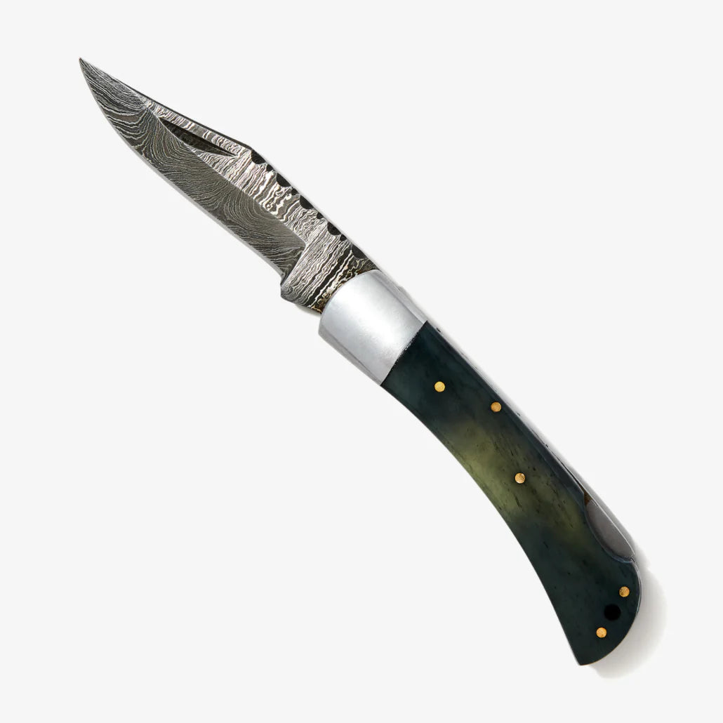 Emerald Green Camel Bone & Damascus Pocket Knife with clip point blade, dyed bone handle, and hand-carved spine for outdoor survival use.