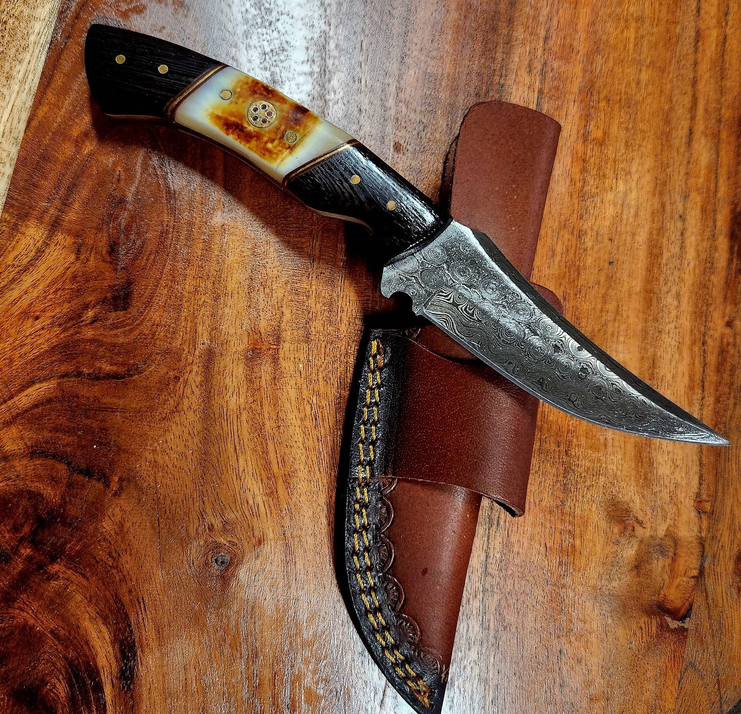 Burnt Bone Stag Knife with a Damascus steel blade and a polished burnt bone handle, displayed on a leather sheath on a wooden surface. Ideal for hunting and survival use.