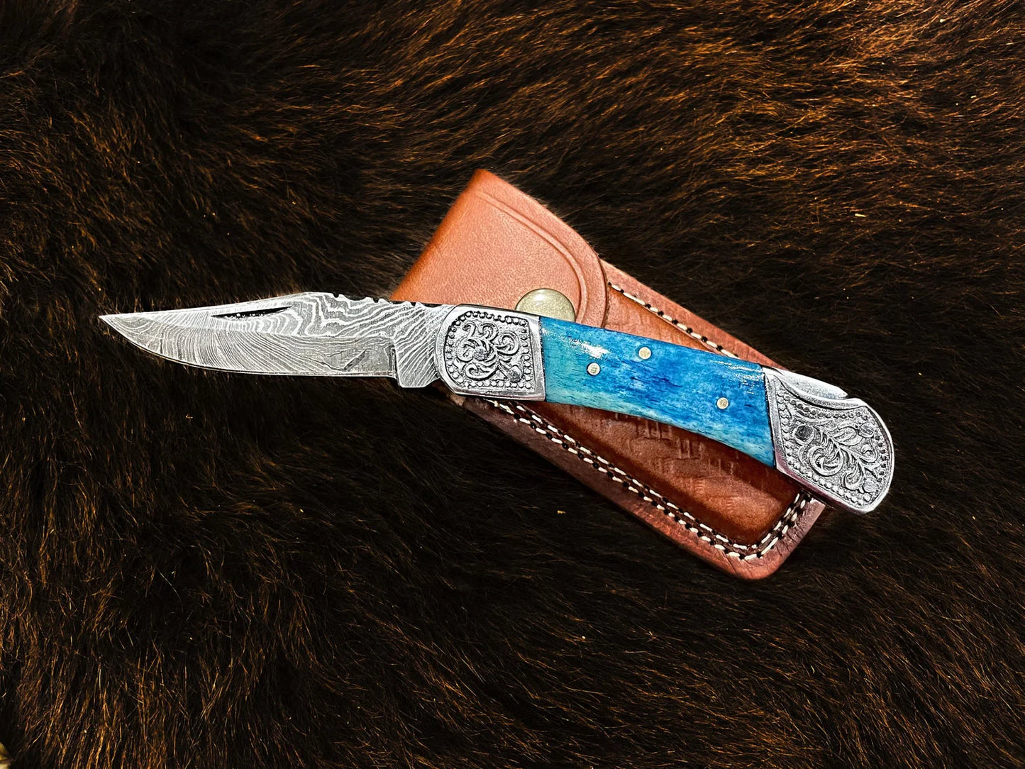 POCKET KNIFE DYED BLUE BONE 6.5'' DAMASCUS STEEL KNIFE