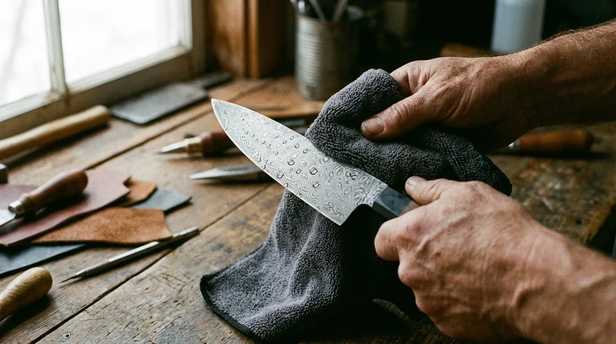 An artesian wiping down his custom Damascus Steel kitchen knife at his work bench as he completes another project.