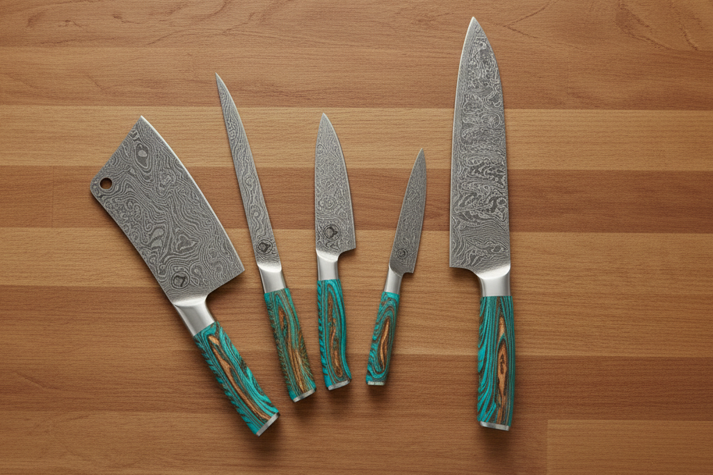 A teal-handled kitchen set of custom damascus steel knives including a chef knife, a cleaver, a boning knife, and pairing knife.