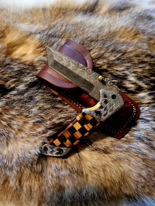 Custom Checkered - Raindrop Damascus folding blade/ EDC/ Checkered (Walnut & Olive)