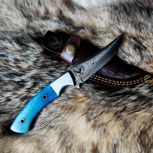 DAMASCUS HUNTING KNIFE DYED BLUE BONE HANDLE