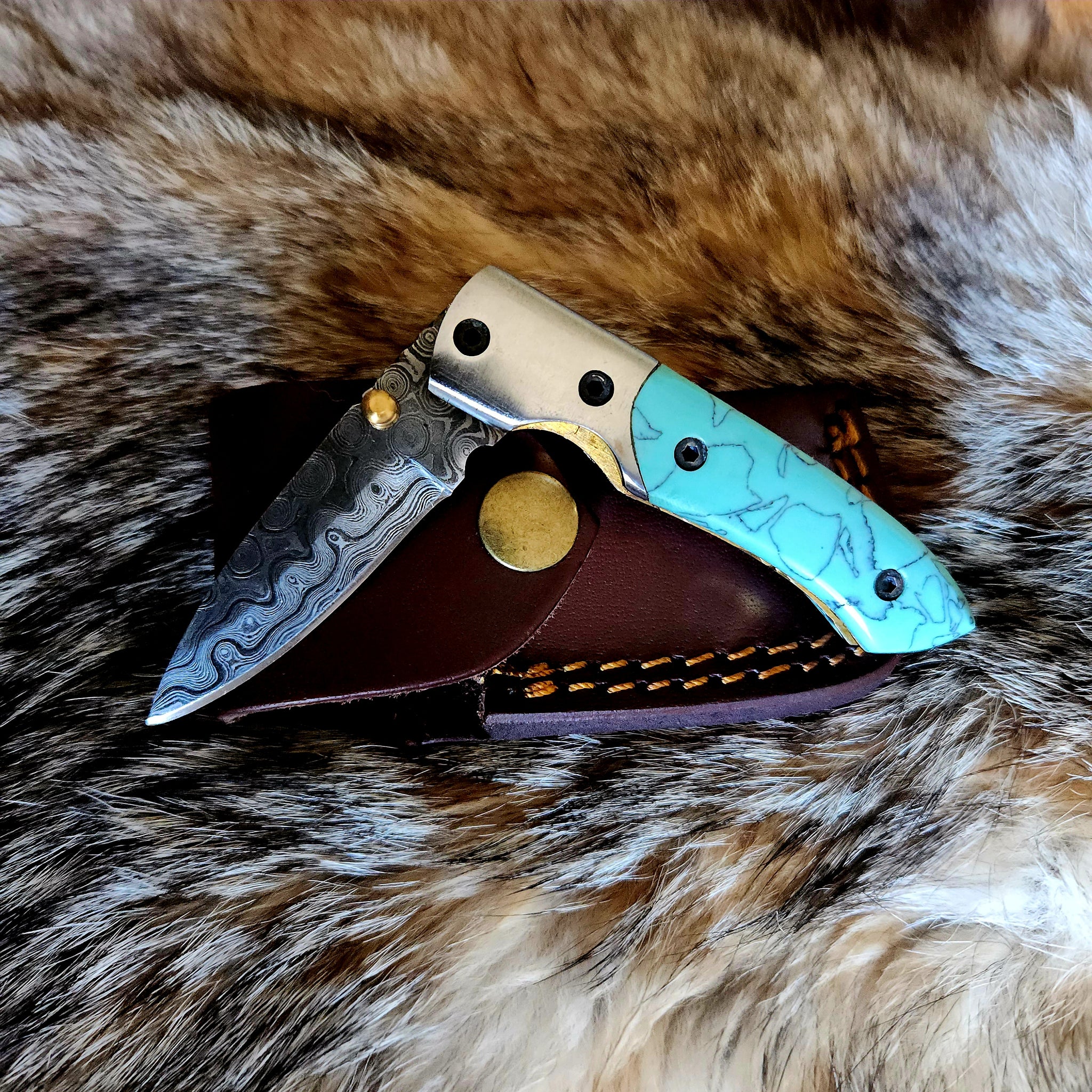 AZUREGLIDE DAMASCUS STEEL TURQUOISE (RESIN) POCKET KNIFE