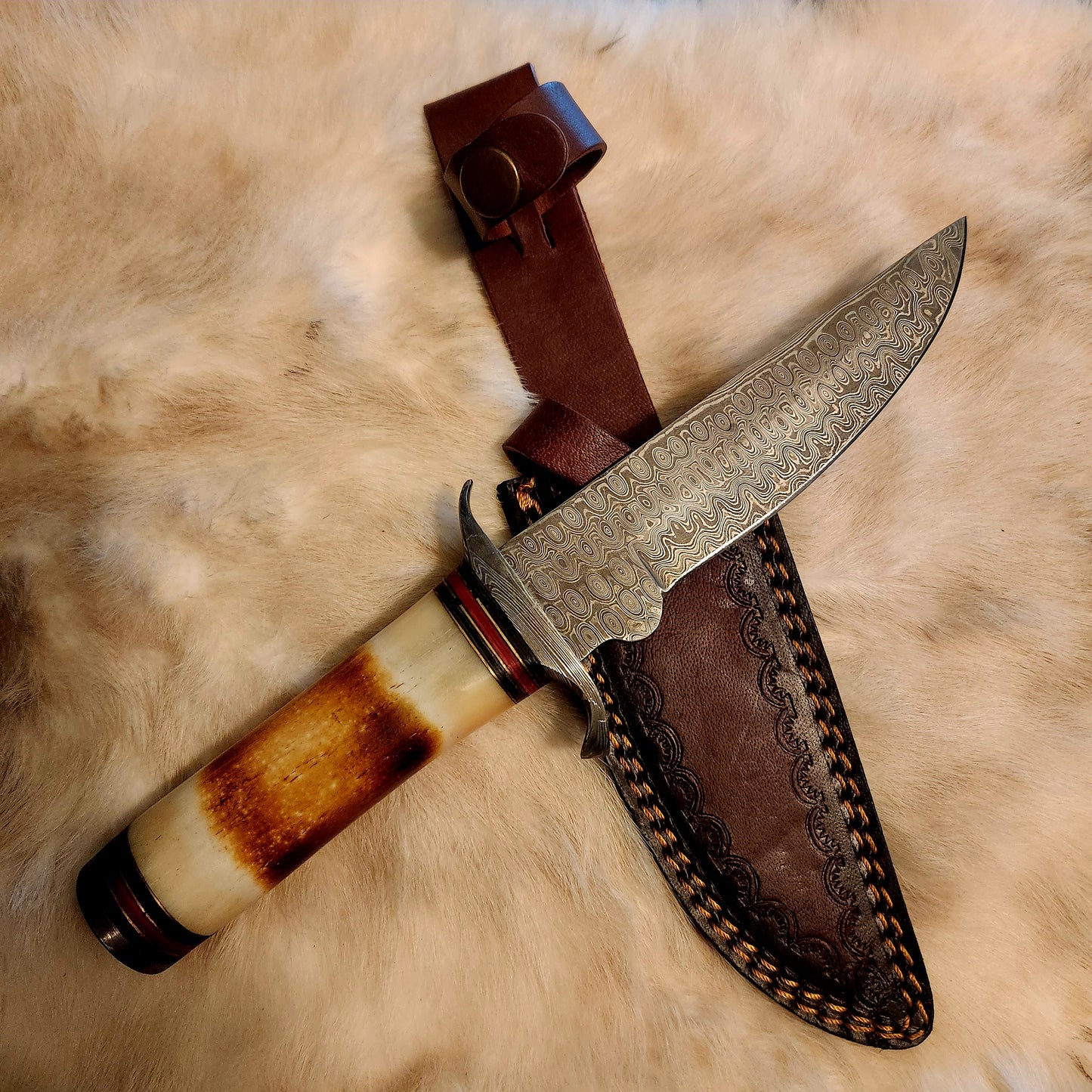 DAMASCUS KNIFE/ TITAN/ CAMP/ HUNTING KNIFE / BURNT BONE HANDLE