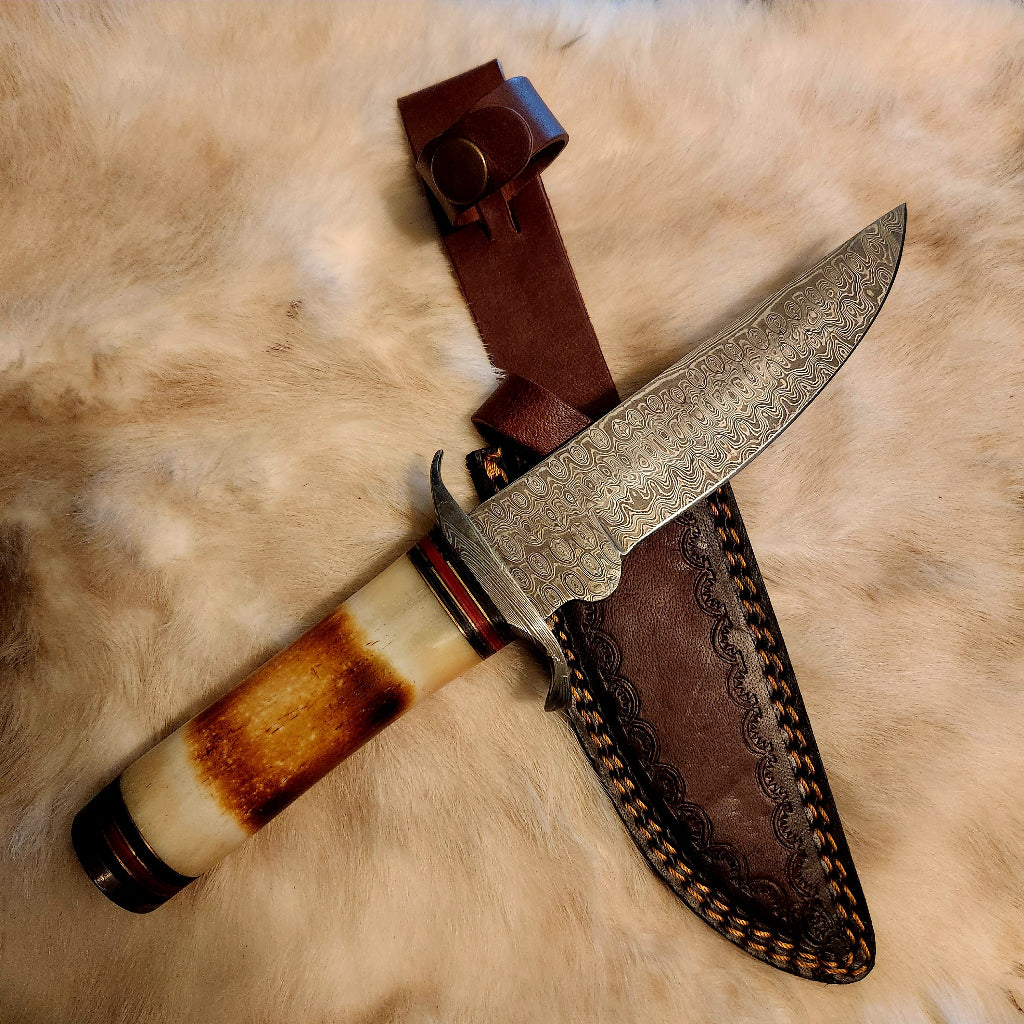 DAMASCUS CAMP HUNTING KNIFE BURNT BONE HANDLE