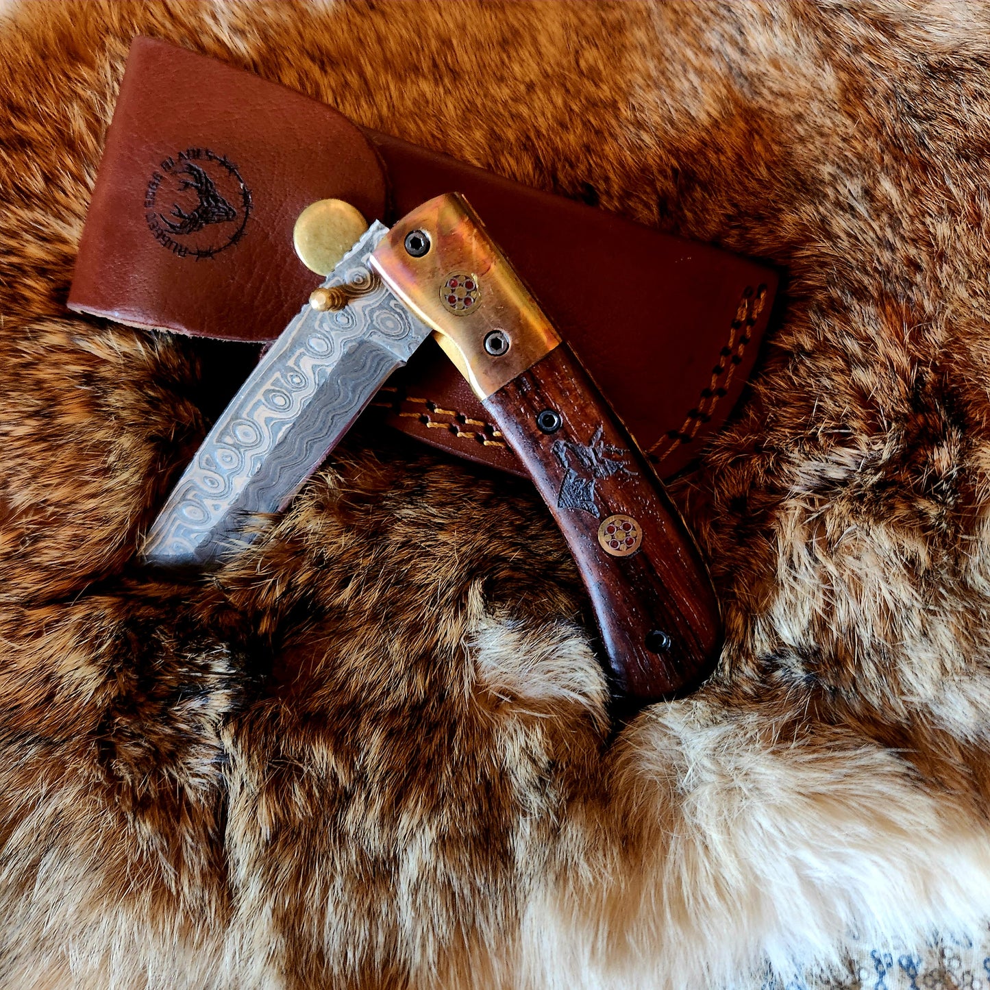 DAMASCUS STEEL FOLDING KNIFE TANTO BLADE ENGRAVED WALNUT HANDLE