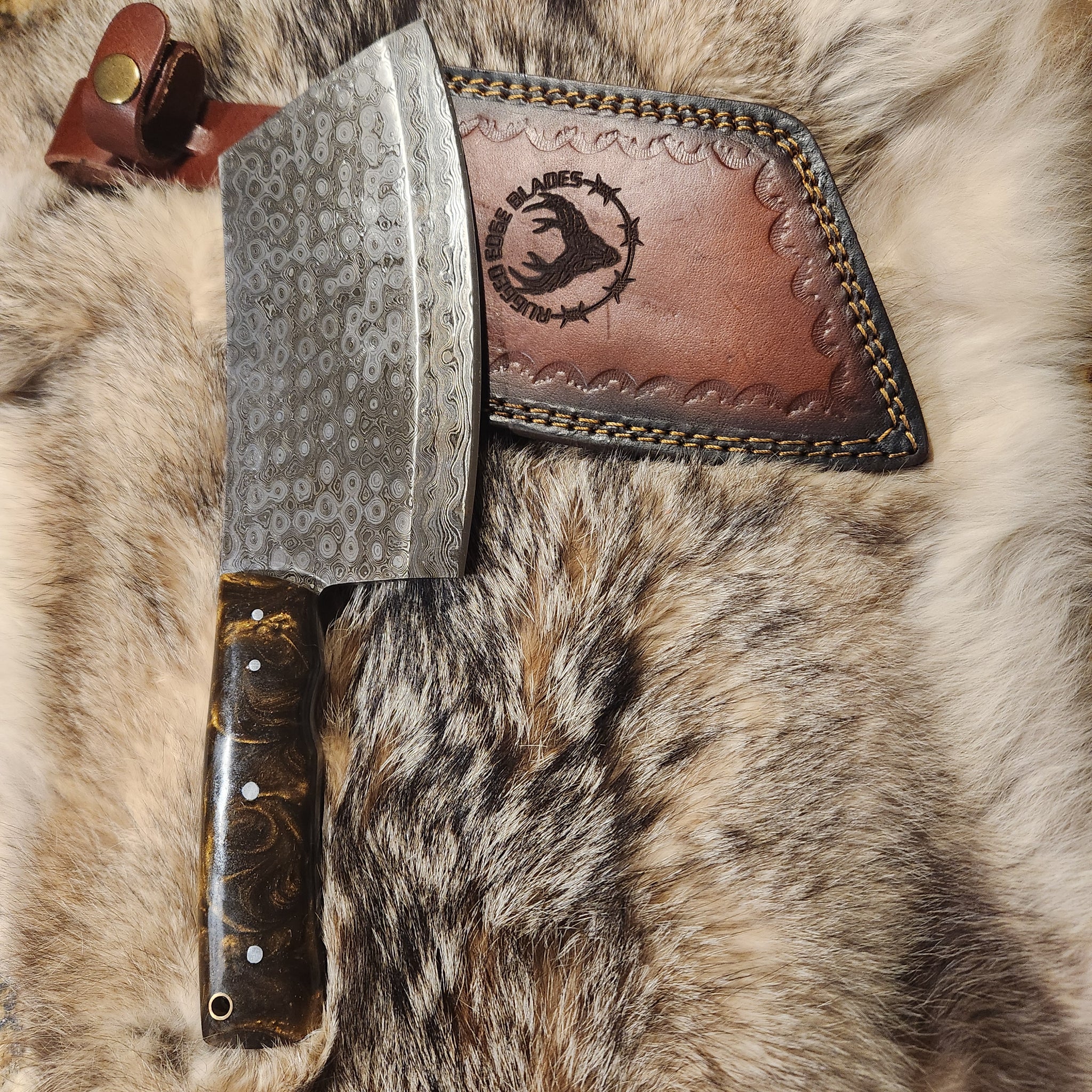 Brown Handle Cleaver with 6-inch Damascus steel blade and custom leather sheath, ideal for chefs and kitchen enthusiasts.