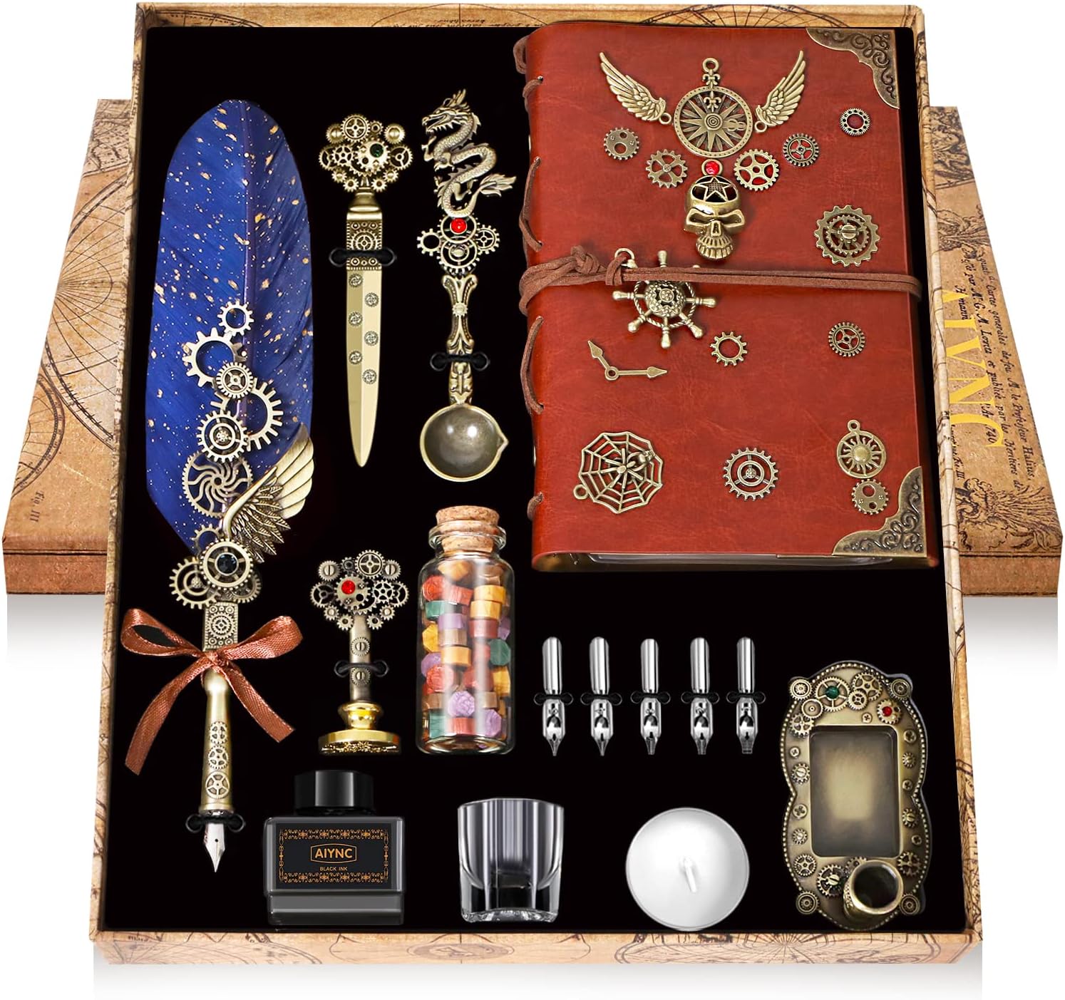 Antique Quill Set with Journal featuring a blue feather quill, vintage-style journal, ink bottle, wax seal kit, and metal pen nibs in gift box.