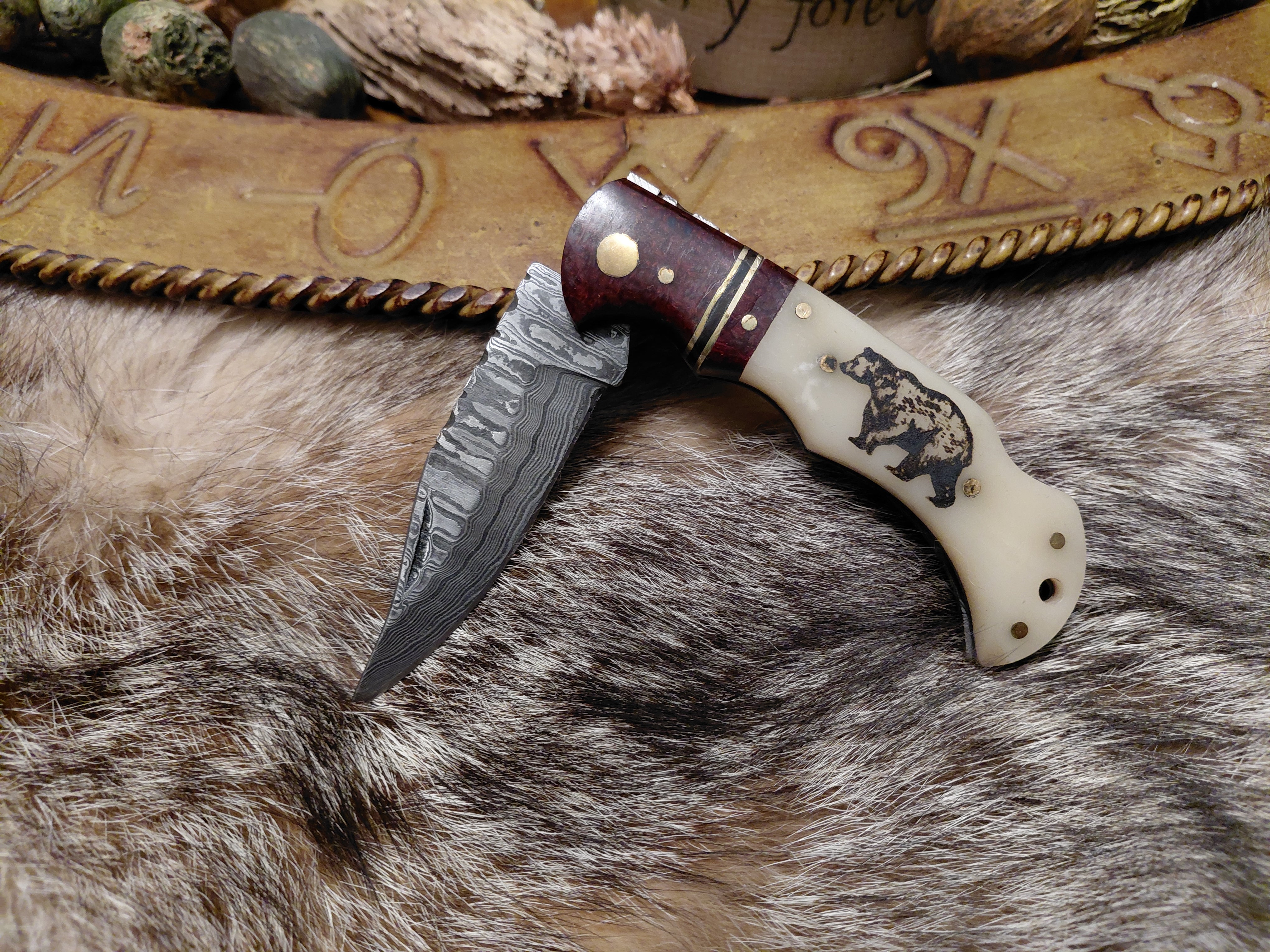 Bone with Bear Folding Knife