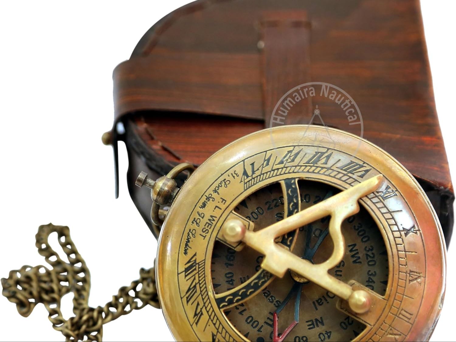 Vintage-style Pocket Compass with brass finish and directional markings, displayed with a leather case for camping and hiking navigation.