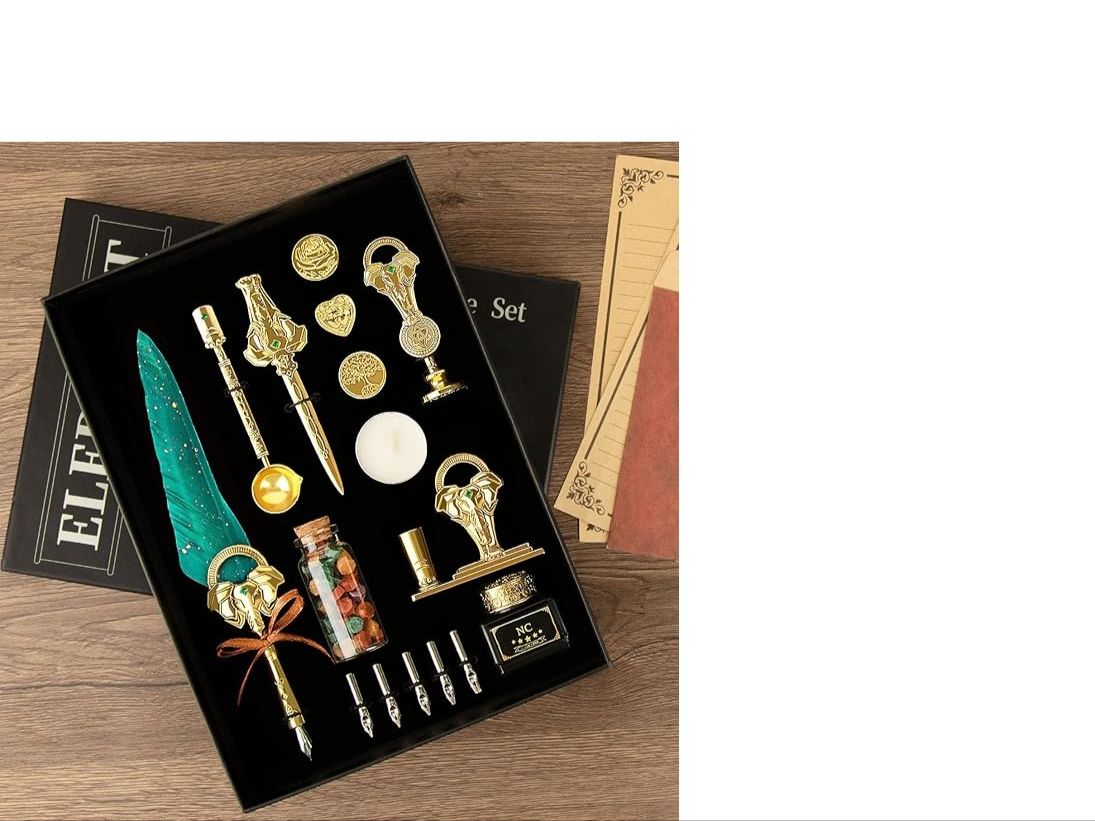 Antique Calligraphy Set with green feather quill, gold nib holders, wax seal stamps, ink bottle, and assorted nibs in elegant gift box.