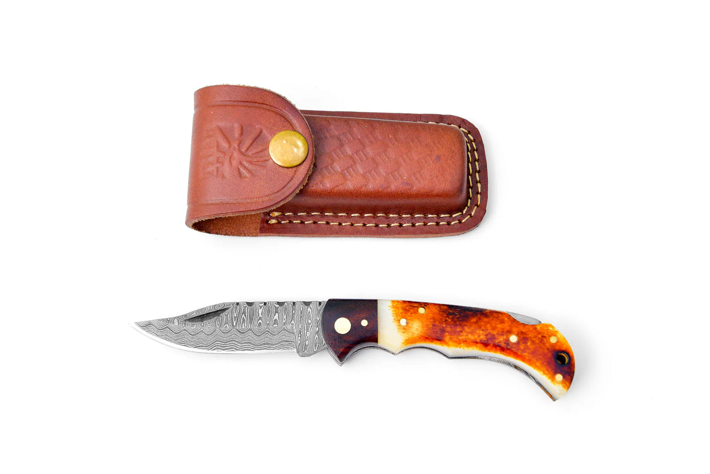 Damascus Steel Pocket Knife with engraved camel bone handle, hand-carved spine, and lanyard hole, shown with hand-stitched leather sheath.