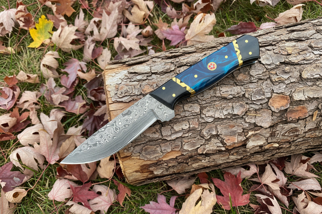 Blue Phantom Damascus steel locking blade knife with deep blue and black swirl handle, brass accents, and leather sheath on autumn leaves.