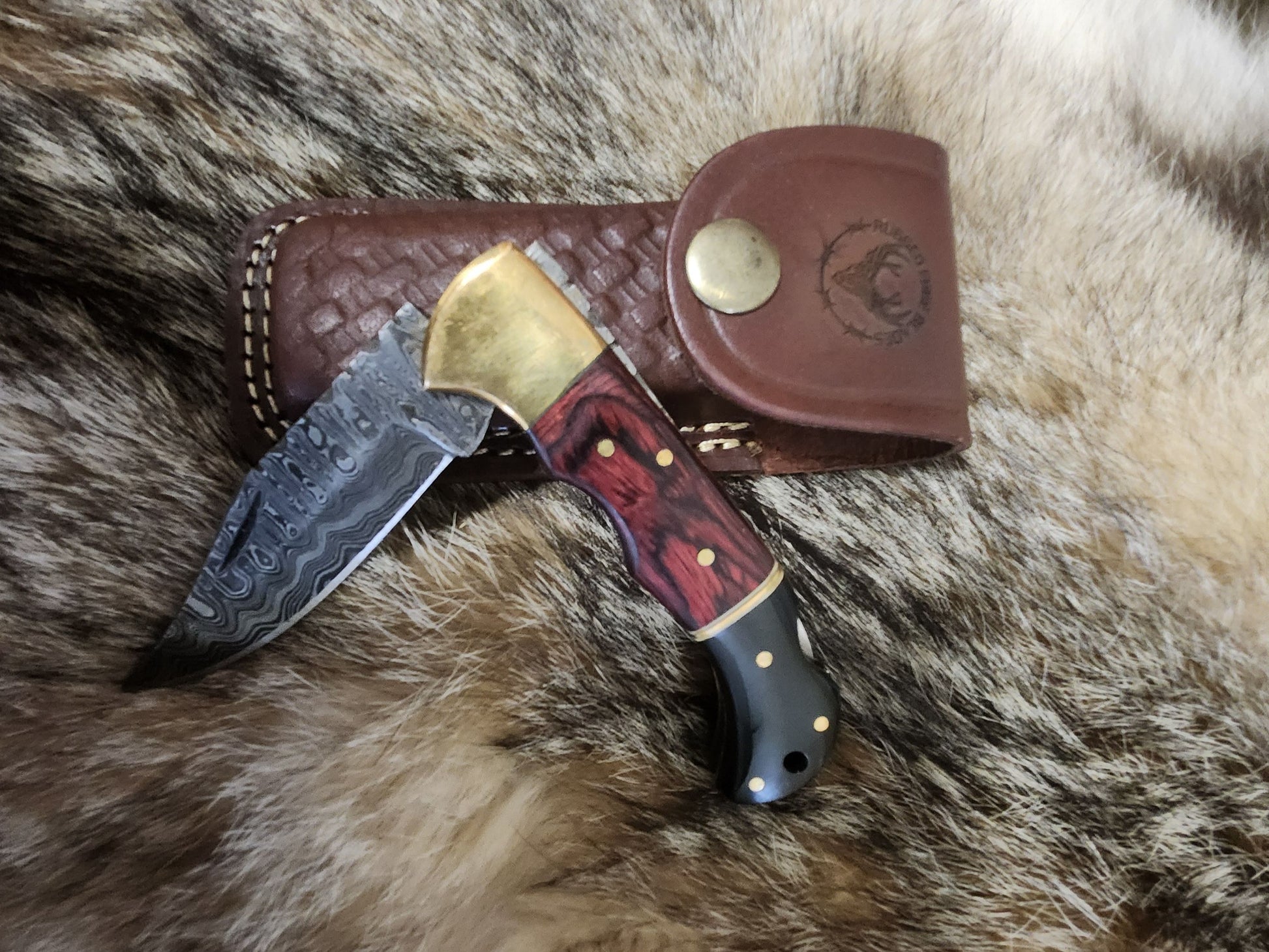 Diamond Wood and Black pocket knife with Damascus steel blade, brass bolster, and leather sheath on fur background. Ideal for collectible knife enthusiasts.