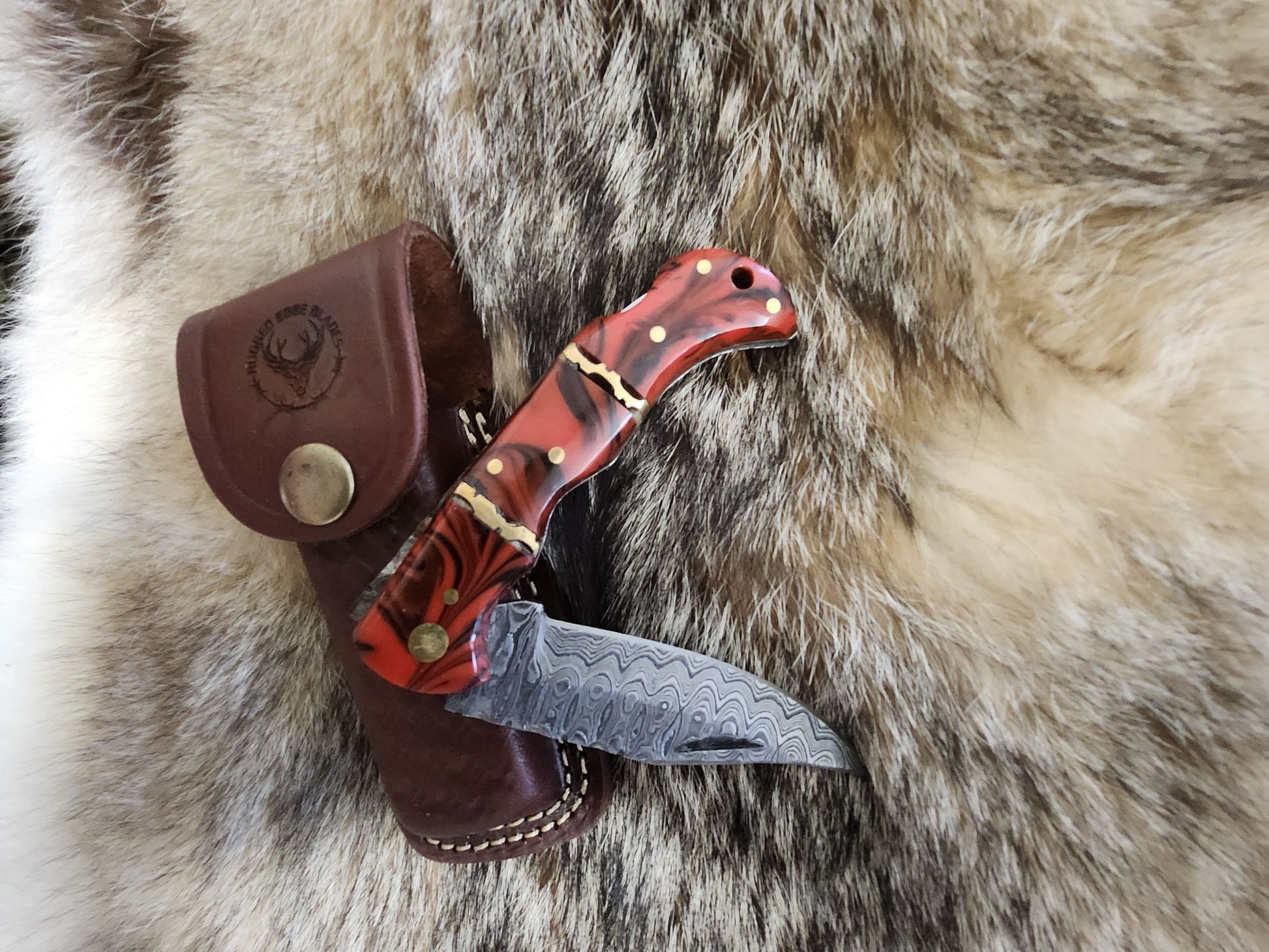 Red Resin Folder knife with Damascus steel blade and brass pins, displayed on fur with a brown leather sheath featuring a stamped logo.