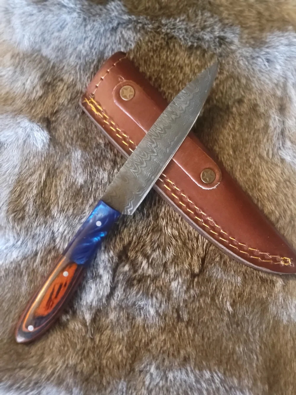 Damascus Red and Blue Handled Steak Knife