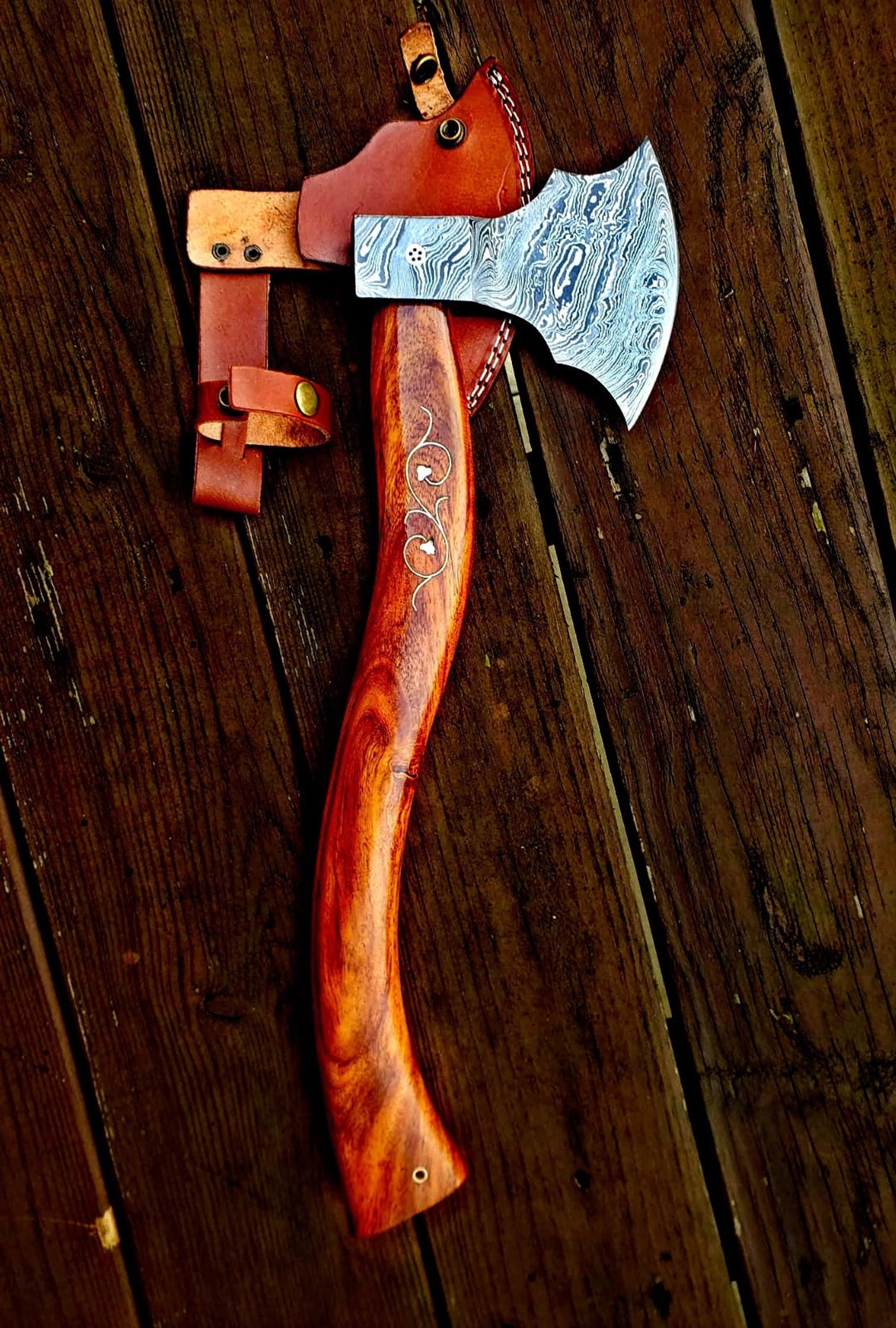 Hand-forged Viking Style Axe with bearded blade and carved wooden handle, ideal for outdoor use and weapon collection.