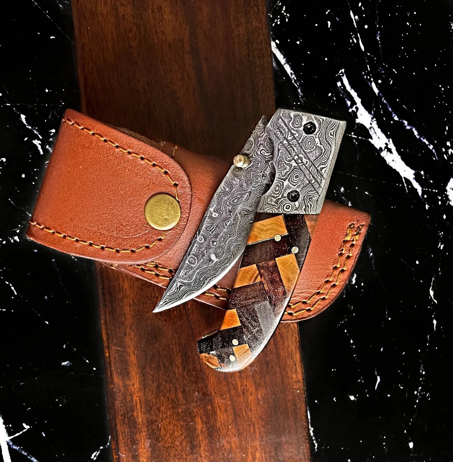Herringbone Walnut and Olive Folding Knife
